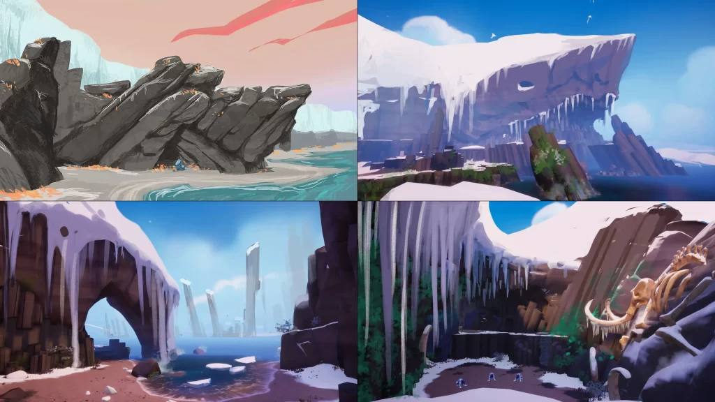 Four images of locations in the Freljord from Song of Nunu