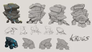 Concept art of several variations of krugs