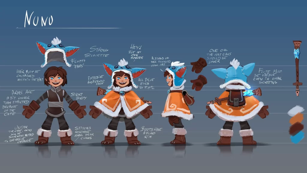 Concept art of Nunu with outdoor clothing at various angles