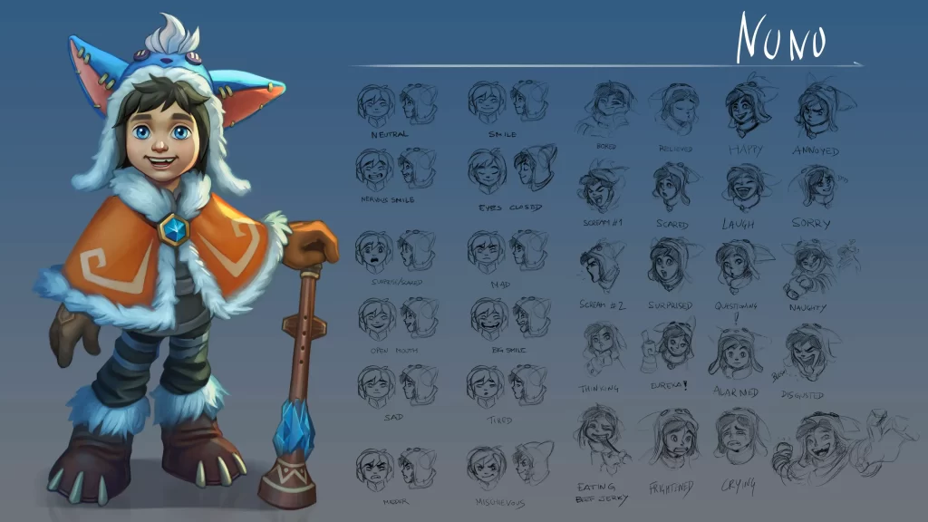 Concept art of Nunu posting with a number of facial expressions