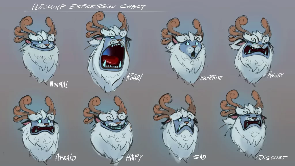 Concept art of several of facial expression of Willump