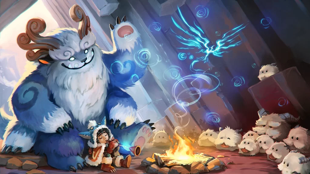 Nunu and Willump sitting by a cave fire with several poros