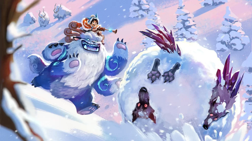 Nunu and Willump chasing some animals down a mountain in the Freljord