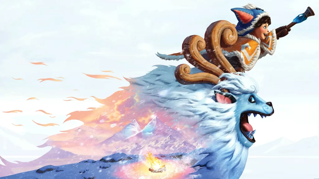 Concept art of Nunu riding Willump on a white background with a transparent campfire overlay on Willump's body