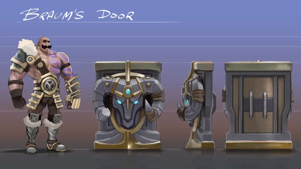 Concept art of Braum standing and three angles of his vault shield door