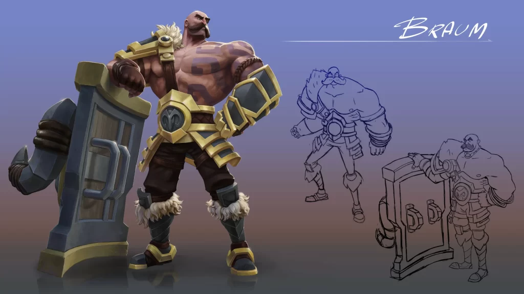 Concept art of Braum with a couple of black and white sketches