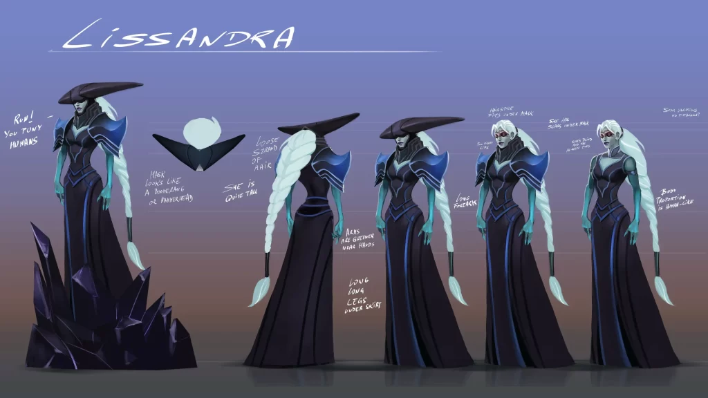 Concept art of Lissandra with five angles of her posing and her mask