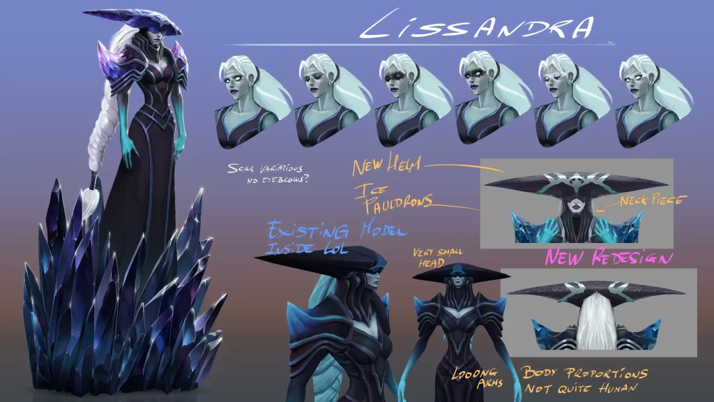 Concept art of Lissandra from Song of Nunu with head shots to poses and several notes including a redesign, neck piece, and pauldrons