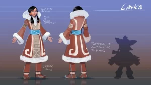 Nunu's mother Layka in a front and back pose with notes about her jackets similar patterns to Nunu's