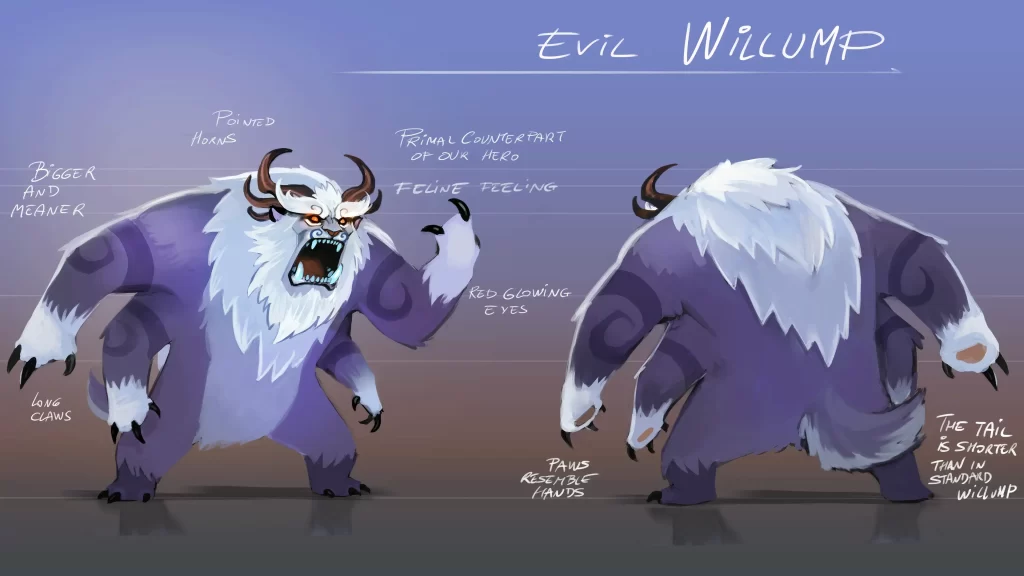 Concept art of Evil Willump with notes such as a shorter tail, pointed horns and longer claws