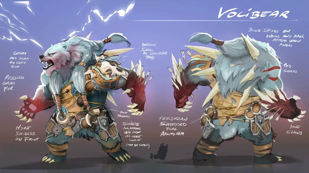 Concept art of Volibear front and back with notes such as shields, scars and shoulder pads