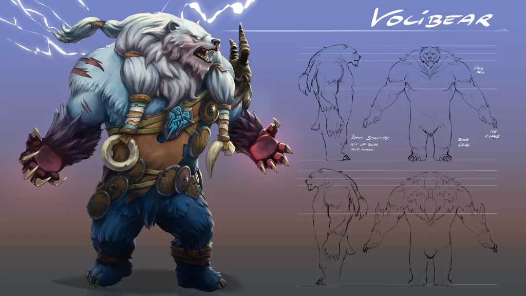 A detailed front illustration of Volibear with t pose concept art sketches to the right