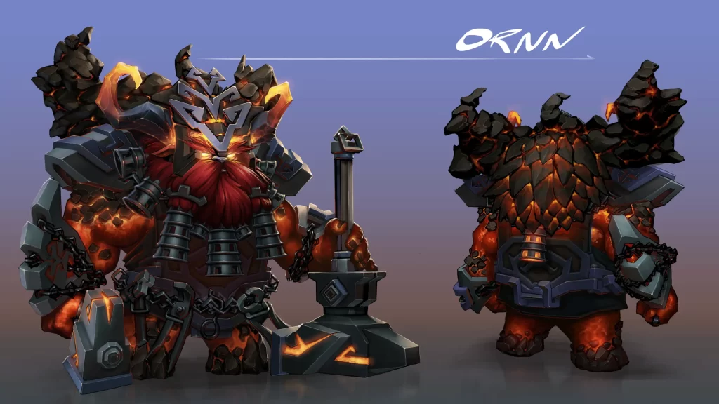 Two detailed illustrations of Ornn front to back for from Song of Nunu