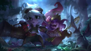 Tristana holding Lulu back in the forest