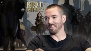 Edited image of Marc Merrill sitting in front of Cithria of Cloudfield image with Riot MMO and R&D icon overlayed