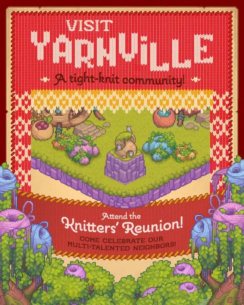 A knitted style poster of the Yarnville Knitters Reunion